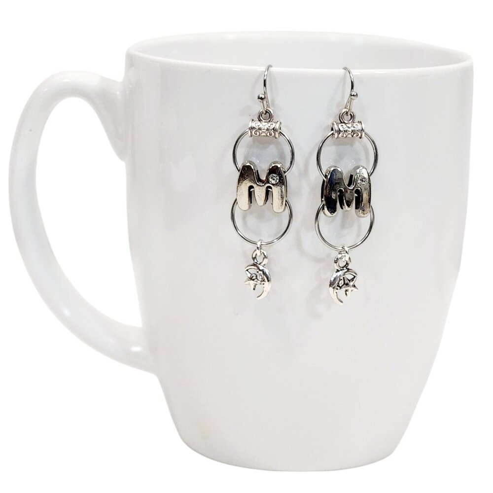 Alphabet Initial Letter M Earrings Silver Rhinestone Charms